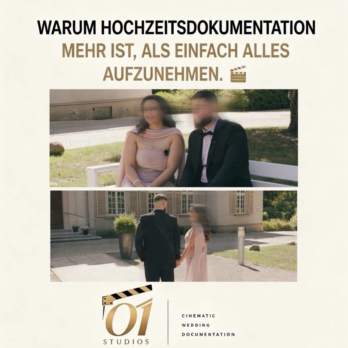 Drei Fotos eines Brautpaares bei Hochzeitsdokumentation: Umarmung, Empfang, Spaziergang.